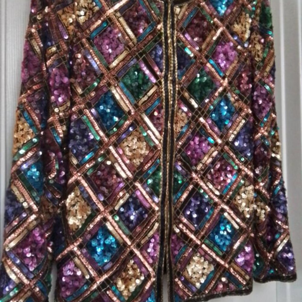 Vintage Laurence Kazar New York 100% Silk Shell Sequin Jacket Med ***Rare Find**